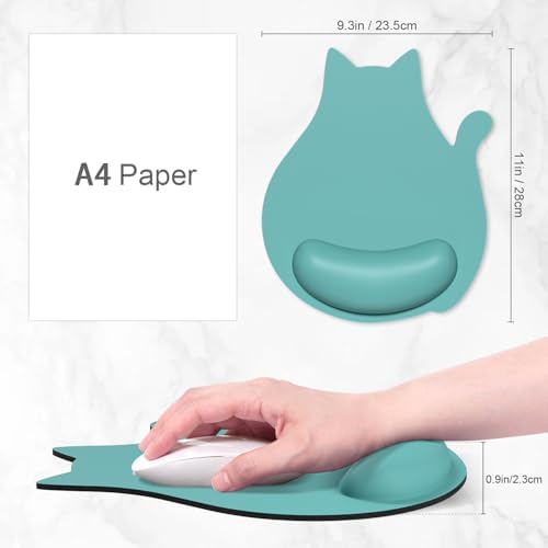 Ergonomic Mouse Pad with Wrist Rest, Cute Cat Memory Foam Padded Pain Relief Non-Slip Wrist Support Mouse Mat for Gaming Work Computer Laptop, Funny Office Supplies Desk Accessory, Green