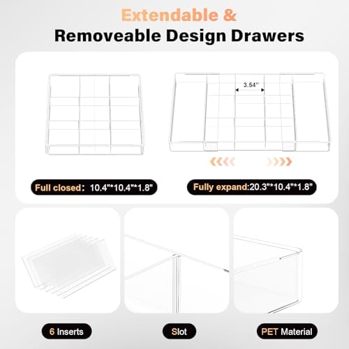 Acrylic Expandable Desk Drawer Organizer with 11 Adjustable Compartments