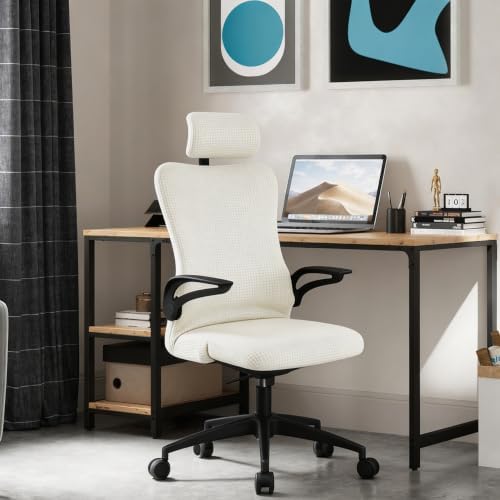 Off-White Ergonomic Office Chair Cover with Headrest Cover Water-Repellent Stretch 2-Piece Jacquard Office Desk Chair and Headrest Slipcover Cat Scratch Proof Washable