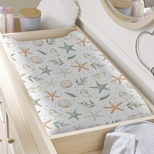 Watercolor Sea Animals Starfish Seashells Leaves Pattern Baby Changing Pad Cover, Unisex Ocean Nursery Diaper Changing Table Pad Mat Sheet for Boys Girls-16x32