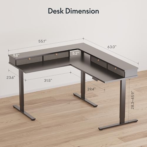 SANODESK 63x55 Electric L-Shaped Corner Standing Desk with 4 Drawers