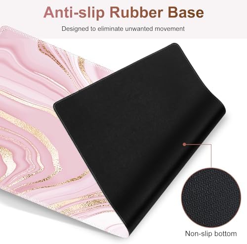 Gaming Mouse Pad Keyboard Wrist Support, 4 in1 Mousepad Set with Wrist Keyboard Rest, Computer Desk Mat, Non-Slip Desk Pad Protector with Memory Foam Easy Typing Pain Relief I Pink Gold Marble