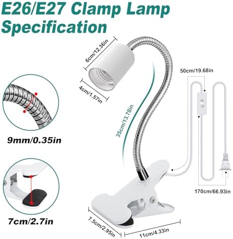 Desk Clip Lamp Holder, Clip on Light with Metal Clip Base,360° Flexible E26/E27 Book Clamp Light Fixture with 7.2 FT Cable, 9MM&350MM Thickened Lengthened Gooseneck Clamp Light Socket, for Study Work