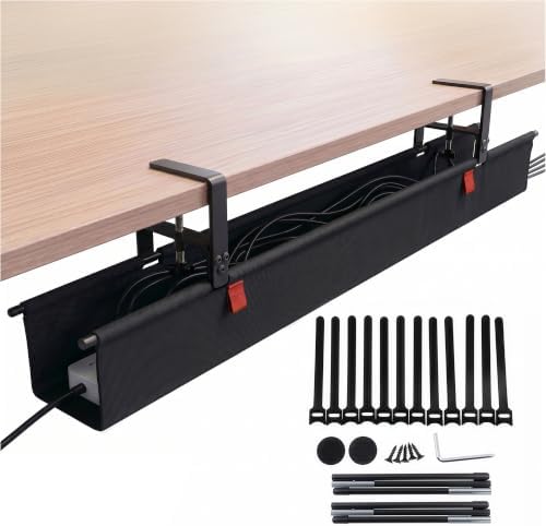 Under Desk Cable Management Tray 48" — No Drill Clamp-On Cord Organizer for Desk with Built-in Ties, Heavy Duty Metal Clamp, Foldable 600D Oxford Fabric for Home Office, WFH & Gaming PC Setup (Black)