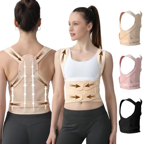 Posture Corrector for Women and Men Upgraded Back Brace, Adjustable Back Support for Upper and Lower Back Pain Relief, Shoulder Straightener for Hunchback, Thoracic, Scoliosis, Lumbar, Spine (Beige, L)
