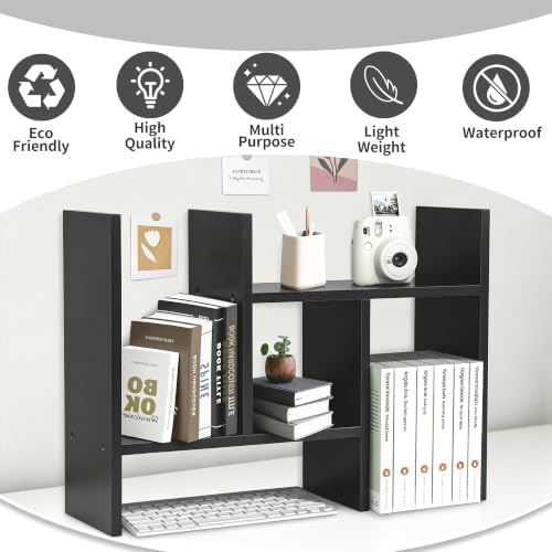 MASAKA B&W - Desk Organizer Aesthetic Shelf, Desktop Bookshelf, Double H Plants Display Shelf, Storage Rack Adjustable Stackable for Office Home Dorm - Perfect for Books, Plants & Decor (Black)