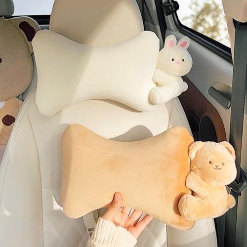 Car Headrest Pillow 2PCS Plush Bear ＆ Bunny Car Seat Headrest Pillow - Memory Foam Neck Support Cushions for Comfortable Driving, Easy Install & Washable (White Rabbit)