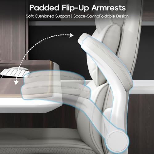 Vonesse Office Chair, Desk Chair with Flip-up Armrests, Gaming Chair with Double-Layered Soft Backrest,PU Leather Computer Executive Chair with Breathable Seat Cushion (White)