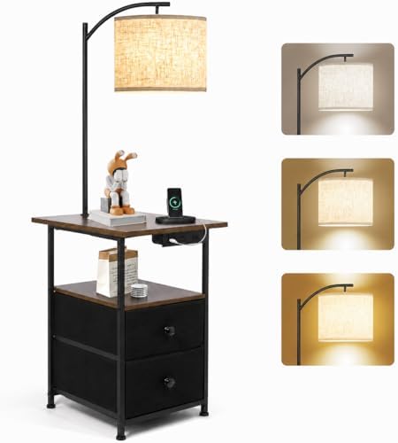 PESRAE Floor Lamp with Table & 2 Drawers, End Table with Lamp, Rustic Brown