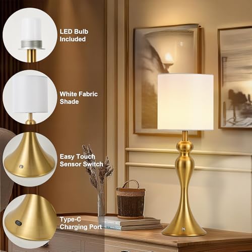 Cordless Table Lamp Rechargeable, Battery Fabric Bedside Touch Light, Brass