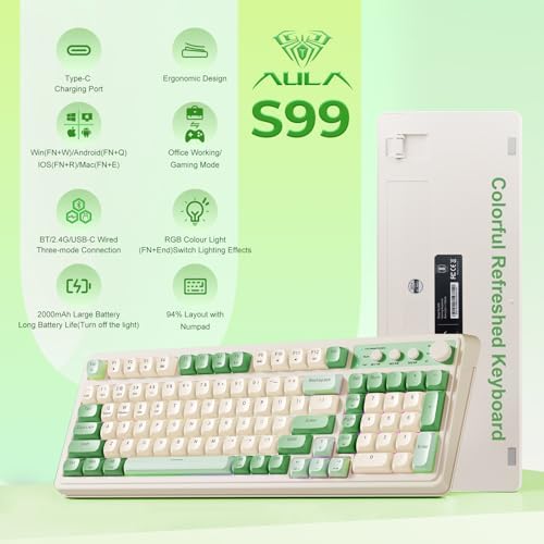 AULA S99 Gaming Keyboard, Wireless Green Creamy Computer Keyboards