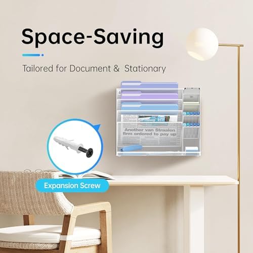 5-Tier Wall File Organizer and Wall File Holder with Bottom Tray, White