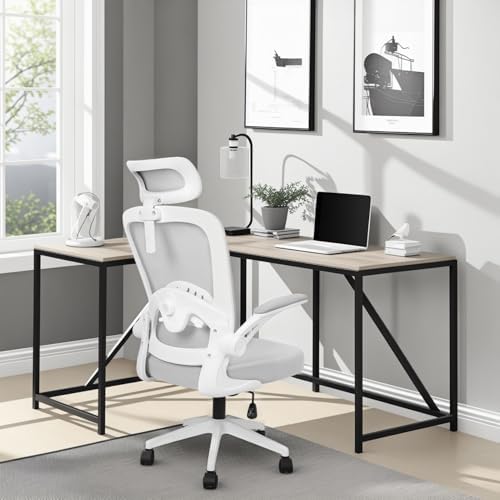 Ergonomic Office Chair,PC Gaming Chair Height Adjustable Mesh Swivel Computer Chair Desk Office Chair with Headrest Headrest Space Saving Executive Office Rolling Chair for Long Sitting White