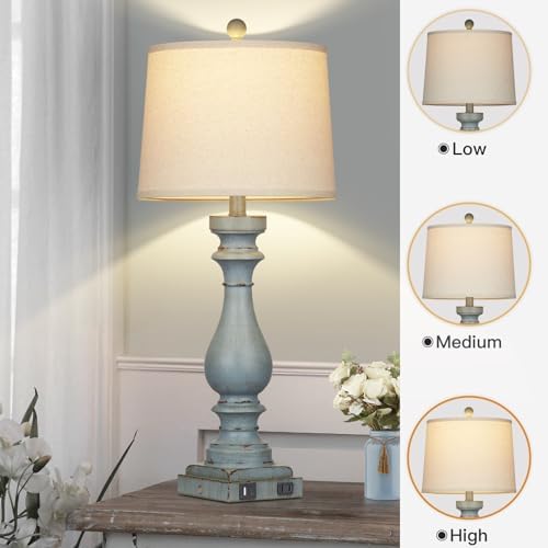 Cinkeda 29" Tall Table Lamp for Living Room Set of 2,Coastal Bedside Nightstand Lamps with USB C+A Ports & AC Outlet,3-Way Dimmable Touch Control Retro Blue Desk Lamp for Bedroom,Color 3