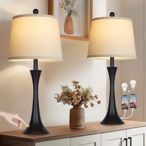 Rinweey 27.5" Table Lamps Set of 2, Touch Bedside Lamps with USB C+A Ports, 3 Way Dimmable Nightstand Lamps for Bedroom, Living Room, Office, Black Lamp with Beige Lampshade, Bulbs Included