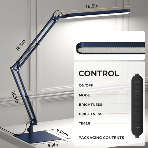 SKYLEO LED Desk Lamp with Slim Base - Adjustable Swing Arm Desk Light, Dimmable, Timer, Eye Protection, Memory Function, 1300LM, 12W, Blue