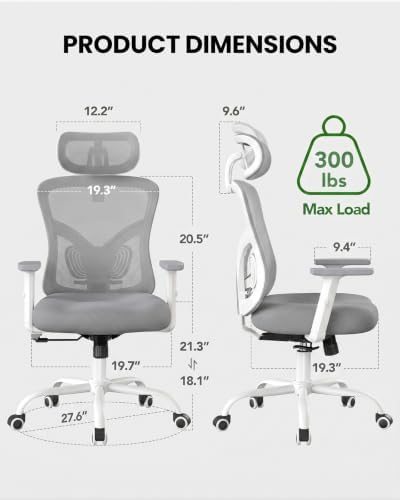 Marsail Ergonomic Office Chair Lumbar Support & Adjustable Armrests, Grey