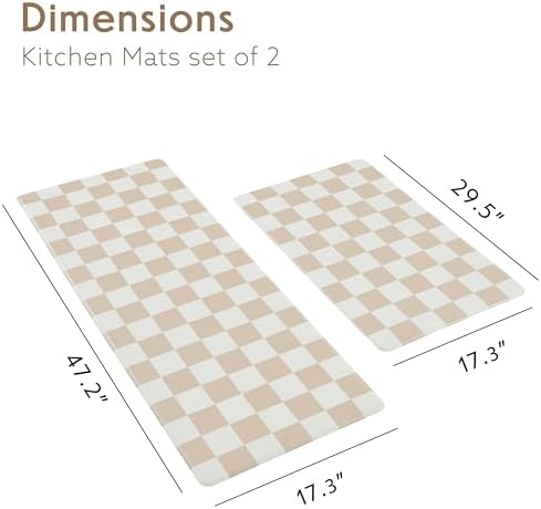 Ohocut Beige Khaki Checkered Kitchen Mats for Floor Set of 2, 2 Pcs Cushioned Non Slip Runner Rugs for Kitchen/Sink/Laundry, Comfort Aesthetic Cute Anti-Fatigue Foam Floor Mat 17.3"x29.5"+17.3"x47.2"