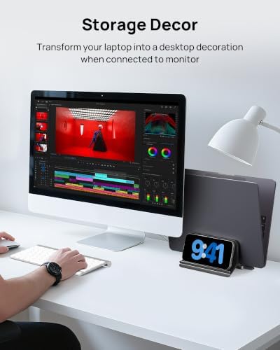 SODI Vertical Laptop Stand Holder for Desk Compatible with MacBook Air, MacBook Pro Stand Vertical Aluminum Up to 17 inch, Gravity Auto-Lock Cooling, 3-in-1 Space Saving Desk Organizer Accessories