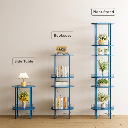 Small Oval Side Table with Charging Station, 2-Tier Blue Round End Table