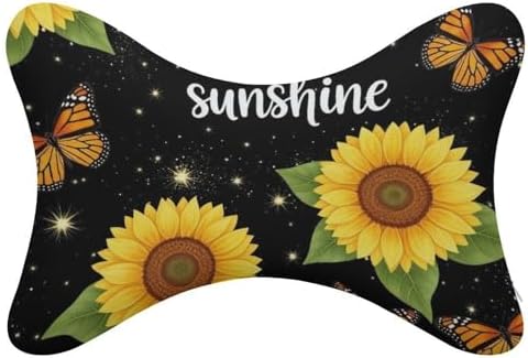 2 Pcs Car Neck Pillow Monarch Butterfly Sunflower Breathable Removable Cover Headrest for Driving Office Rest