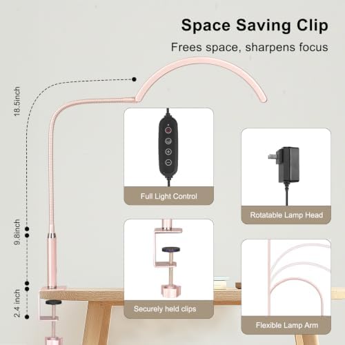 Professional Half Moon LED Desk Light for Nail Techs & Artists – Flexible Gooseneck Lamp with Clamp, 3 Color Modes & 5 Brightness Levels for Manicure, Tattoo, Beauty Work