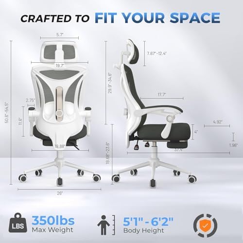 CYKOV Ergonomic Office Chair with Footrest - Adjustable Lumbar Support & Headrest, 90-135° Reclining Mesh Back Computer Chair - Home Office/Gaming, 350lbs Capacity