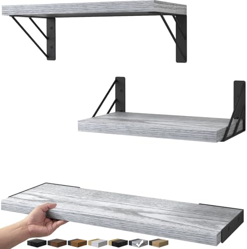 BAYKA Wall Mounted Floating Shelves (Gray and White, Set of 3, 16" Mixed)