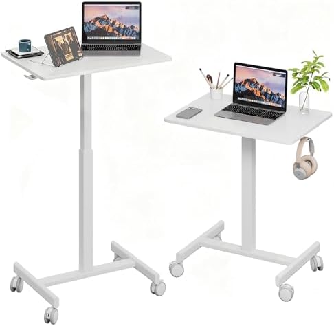 Mobile Standing Desk on Wheels, Pneumatic Height Adjustable, White