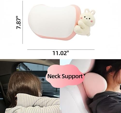 Cute Car Headrest Pillow 2PCS Bear Bunny Car Seat Neck Pillow Memory Foam Neck Support Cushions for Comfortable Driving Easy Install & Washable (Pink+Brown)