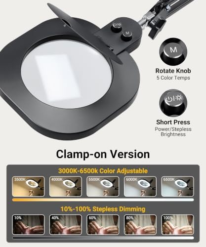 PARTSam 15X Magnifying Glass with Light Swing Arm Clamp Desk Lamp Dimmable