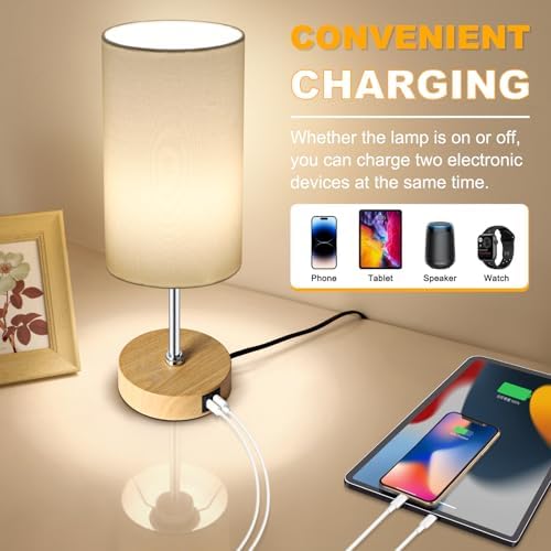 Unicozin Table Lamp with Wood Grain Base, 3 CCT 3000K/4500K/6500K & RGB Color Changing, Stepless Dimmable Small Bedside Lamp for Reading, Ambience Nightstand Light for Home Decor Party, White Shade