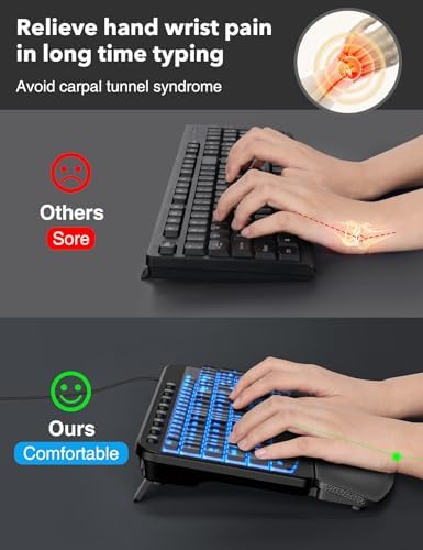 SABLUTE Ergonomic Keyboard, USB Wired with Cushioned Wrist & Palm Rest, 7-Color Backlit Adjustable Brightness for Windows, macOS, Desktop, Laptop & PC