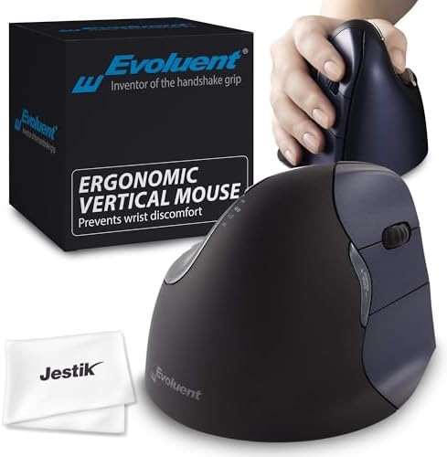 Jestik Evoluent Mouse VM4RW - VerticalMouse 4, Right Hand Ergonomic Design, Evoluent Vertical Mouse with Wireless Connection for Comfort and Precision, Plus Microfiber Cloth (Regular Size)