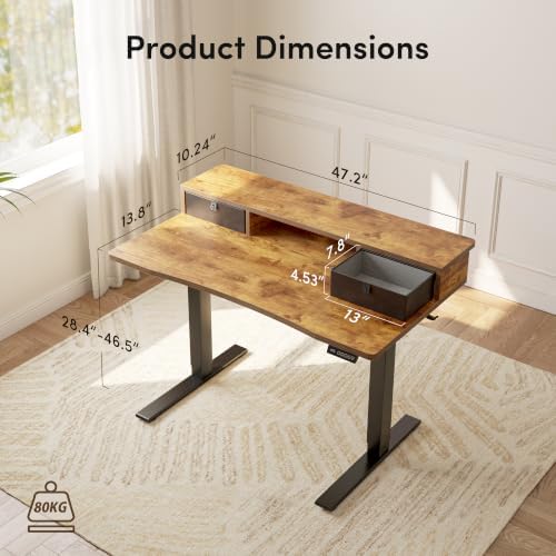 CubiCubi 48 x 24 Inch Electric Standing Desk with 2 Drawers, Brown
