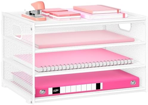 Lavatino 3-Tier Letter Tray Desk Organizer, Mesh Metal Paper File Tray Organizer for Desk, Office Supplies & Home Organization, Fits A4 Paper, Mail, Magazines & Office Accessories (White with Handle)