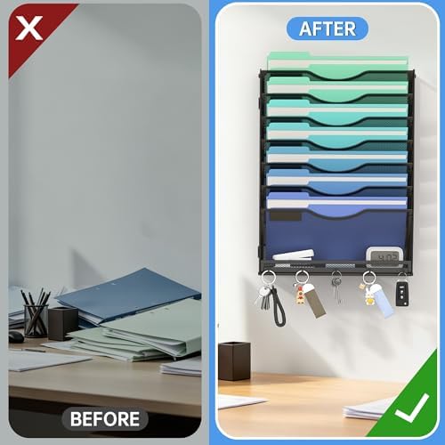 Gawerk Hanging Wall File Organizer with 5 Hooks - Wall Mounted Mail Paper Document Folder Holder, Sturdy Mesh Magazine Rack for Office Home (7+1 Tier)