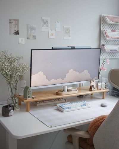 Bamboo Dual Monitor Stand Riser, Natural Desktop Shelf with Storage