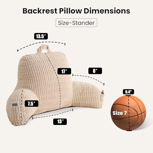 Reading Pillow for Sitting in Bed with Arm,White Corduroy, M