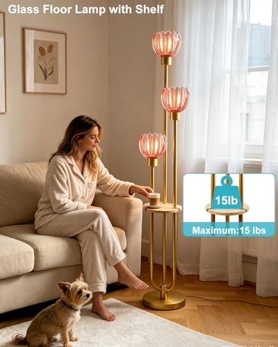 Lightdot Lotus Glass Floor Lamp with Shelf Red Flower Gold Floor Lamps