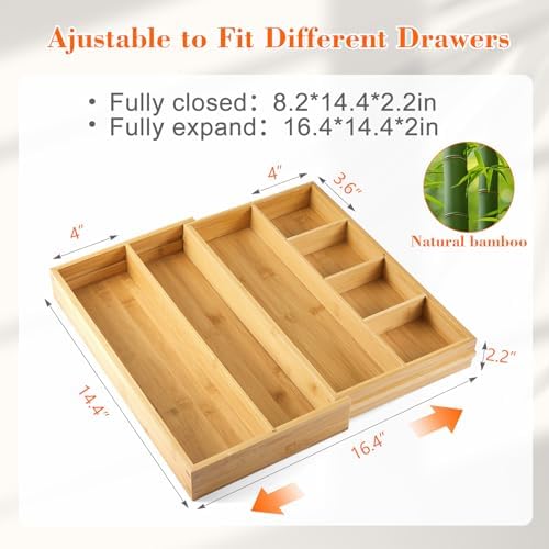 Bamboo Sliding Desk Drawer Organizer 8.2'' up to 16.4'' x 14.4'' x 2.2'' Expandable Office Desk Accessories Supplies Tray with 7 Compartments for Pens, Notebooks, Rulers, and Makeup Jewelry Vanity