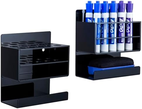 MyGift Wall Mounted Dry Erase Whiteboard Marker Holder Stand with 10 Marker Slots and Eraser Holder, Black Set of 2