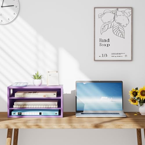Marbrasse 3 Tier Wood Desk Organizer, Paper Letter Tray Organizer，Purple