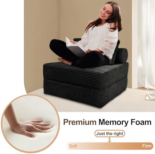 Nigoone Sofa Bed Futon, Versatile Foldable Sleeper Chair with Pillow, Supportive Memory Foam, Plush Corduroy Fabric, Cozy Floor Couch, Convertible Mattress for Bedroom/Living Room/Guest/Office, Black