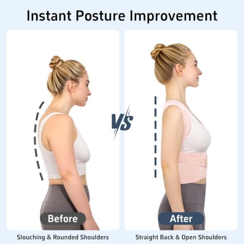 Posture Corrector for Women and Men Plus Size Full Back Support Brace Straightener Scoliosis Spine Upper Back Pain Relief Adjustable Shoulder Instant Posture Corrector with Hunchback (Pink, XX-Large)