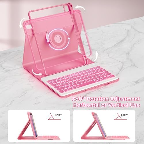 YBING for iPad A16 Case with Keyboard /11th Gen (2025) & iPad 10th Gen 10.9” (2022), 7-Color Backlit Detachable Keypad, 360° Rotating Magnetic Cover with Pencil Holder (Watermelon Red)