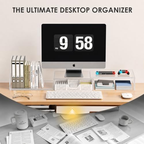 OPNICE Clear Acrylic Desk Organizers and Accessories, Dual Monitor Stand Riser with Drawer and 2 Pen Holders, Desk Shelf Printer Stand for Office Workspace Organizers, Desktop Organization (Transparent)