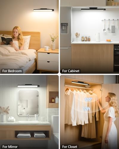 Ferswe 3W Motion Sensor Rechargeable Light Bar with Remote, Eye-Friendly Closet Lights with Battery Display, 2000mAh Makeup Lighting, Magnetic Light Bar for Cabinet, Closet, Bathroom and Desk