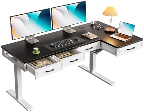 OffiGo 55 Inch L Shaped Standing Desk with 4 Wooden Drawers, White+Black