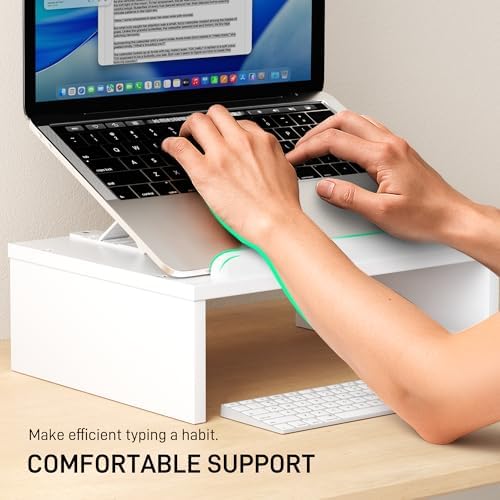 AFOOYO Adjustable Wood Laptop Stand with Storage Space - Notebook Organizer & Ergonomic Computer Riser, Wrist Rest Included, Compatible with 9.8-15'' Laptops (MacBook Air Pro/HP/Dell/Lenovo),White